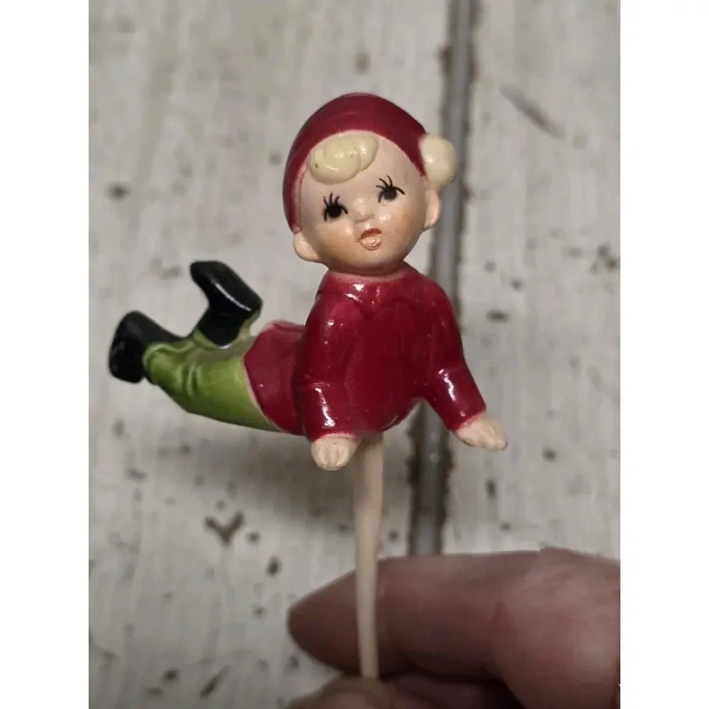 Vintage 50s Celluloid Plastic Pixie Boy Christmas Figure Straddle Legs MCM 2in